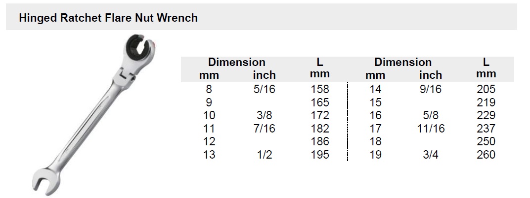 Hinged Ratchet Flare Nut Wrench